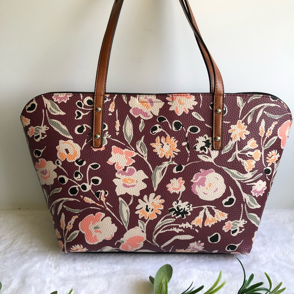 Floral Tote Bag, Burgundy, Multi